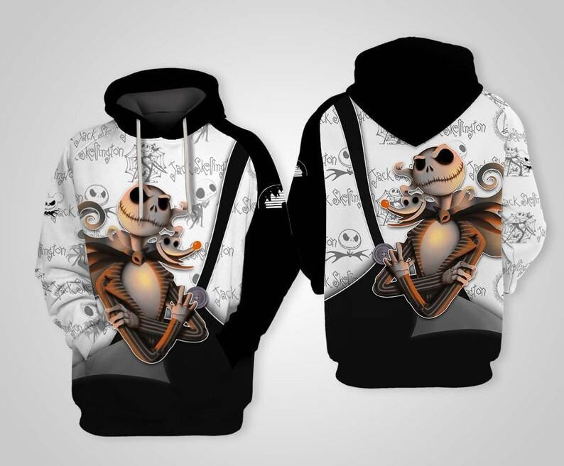 Black White Jack Skellington Pumpkin King, Nightmare Before Christmas All Over Print Hoodie, Zip Hoodie