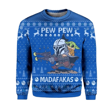 Star Wars Pew Pew Madafakas Baby Yoda Ugly Sweater Gifts, Baby Yoda Gift Fan Ugly Sweater