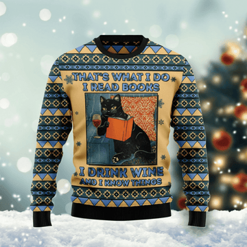 Black Cat Read Books Drink Wine Know Things, Cat Mom Cat Lover Christmas Ugly Christmas Sweater