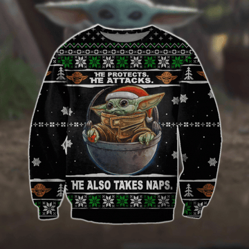 Baby Yoda He Protects He Attacks Ugly Sweater Gifts, Baby Yoda Gift Fan Ugly Sweater 82