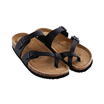 Summer Cork Sandals Women's Leather Clogs Slippers Black Classic Buckle Cork Slides Slippers Casual Slippers