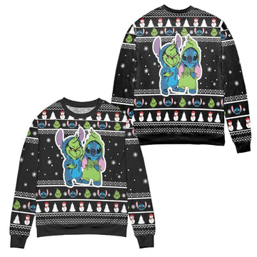 Baby Grinch And Stitch Snowman Pattern Claus Ugly Christmas Sweater ? Black ? Usalast