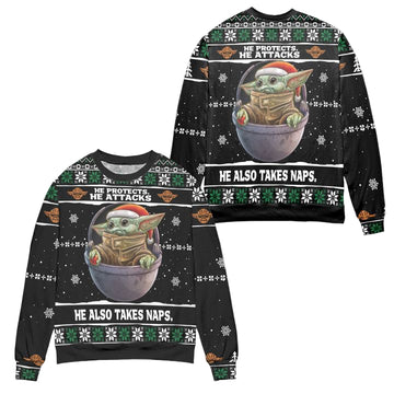 Baby Yoda He Protects He Attacks He Also Takes Naps Snowflake Pattern Ugly Christmas Sweater ? Black ? Usalast