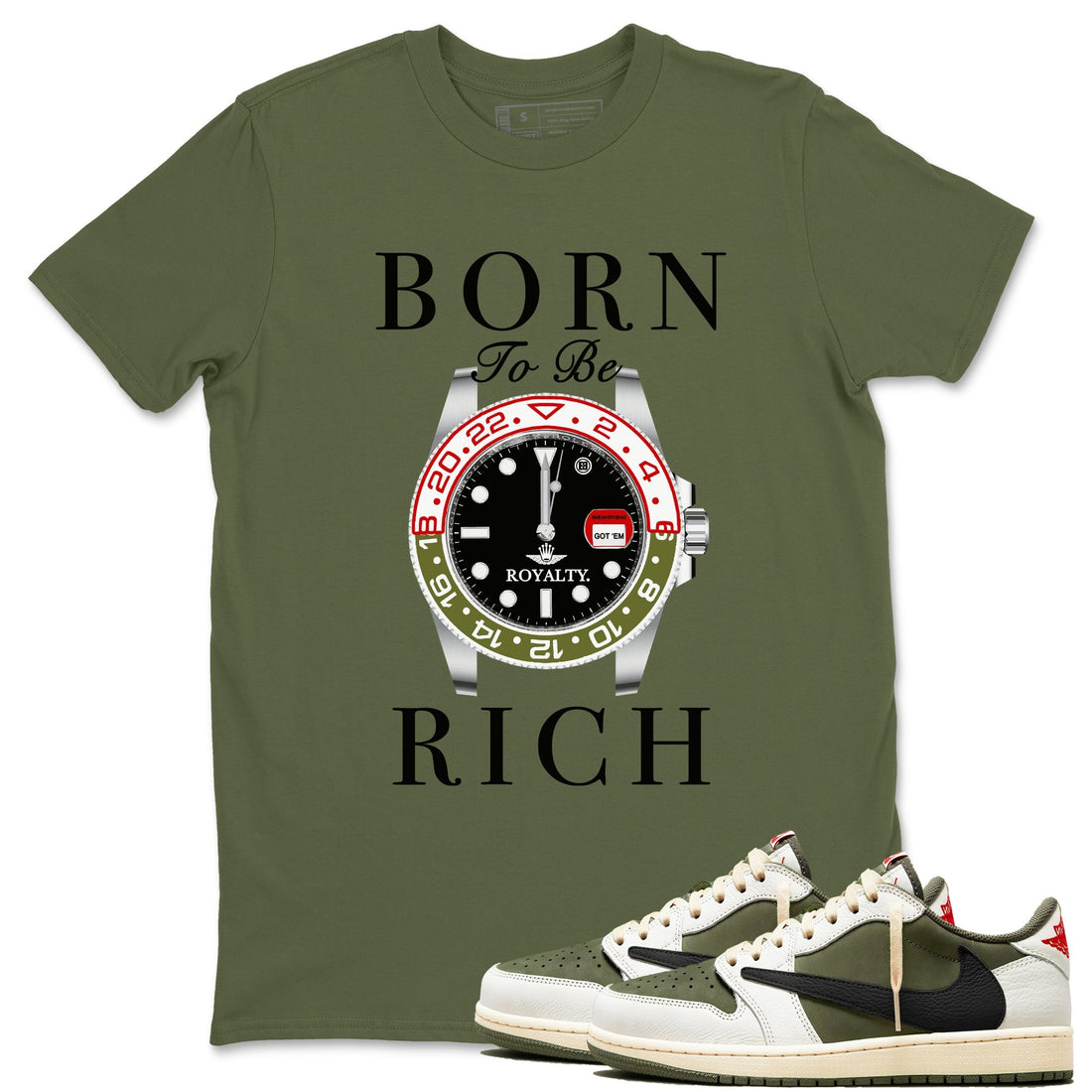 Born To Be Rich Sneaker Tees - Air Jordan 1 Travis Scott Medium Olive