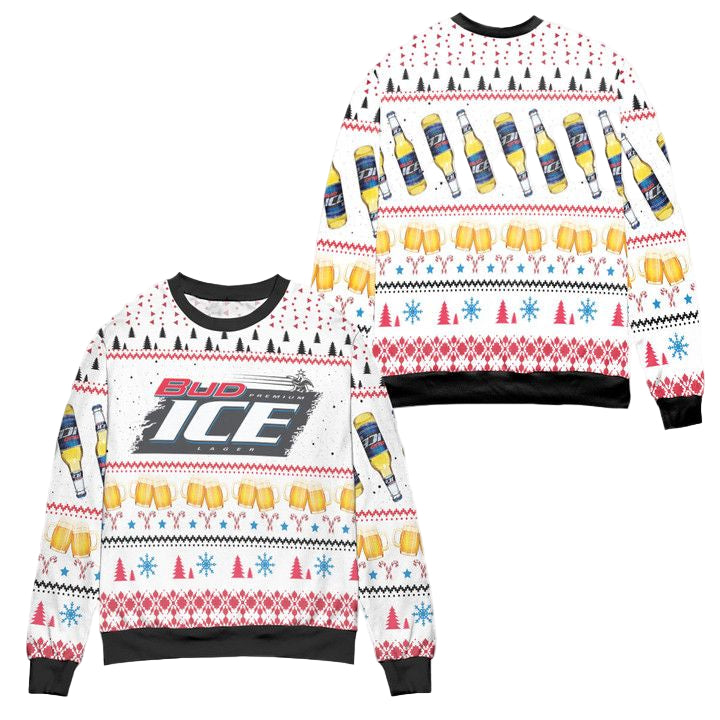 Bud Ice Snowflake And Pine Tree Pattern Ugly Christmas Sweater ? White ? Usalast