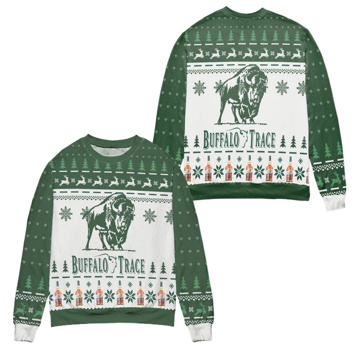 Buffalo Trace Kentucky Straight Bourbon Whiskey Reindeer Pine Tree Pattern Ugly Christmas Sweater ? White Green ? Usalast