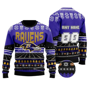 Custom Name Number Nfl Baltimore Ravens Rugby Stadium Ugly Christmas Sweater ? Usalast