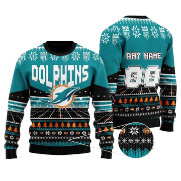 Custom Name Number Nfl Miami Dolphins Rugby Stadium Ugly Christmas Sweater ? Usalast