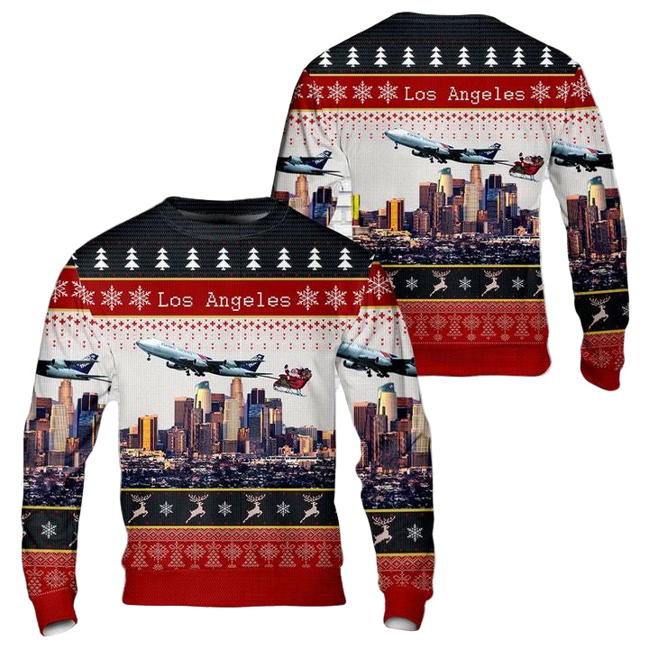 Flying Tiger Line Boeing 747-200 With Santa Over Los Angeles Christmas AOP Sweater ? Usalast