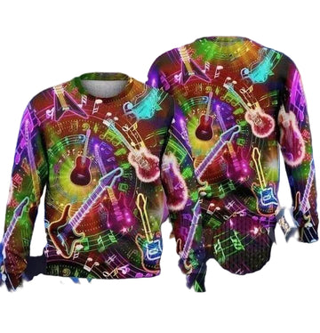 Merry Xmas Colorful Guitar Glowing With Neon Light Ugly Christmas Sweater
