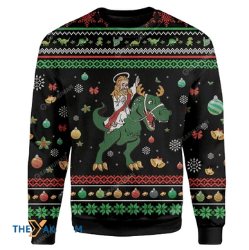 Merry Xmas Jesus Riding A Dinosaur Gift For Christmas Party Ugly Christmas Sweater