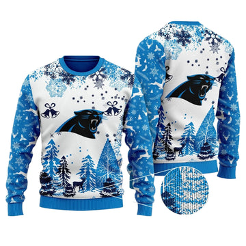 Ugly Christmas Sweater Carolina-Panthers, Keep Pounding Grinch Christmas Snowflakes Pine Tree White Navy