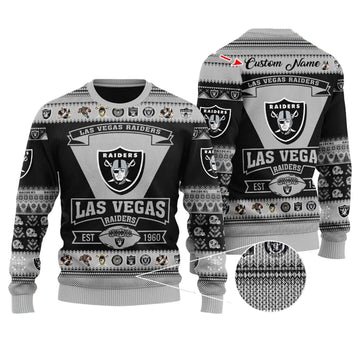 Personalized Ugly Christmas Sweater Las-Vegas, Raider Nation Grey/Black Custom Name Gift For Football Fan Ugly Xmas Jumper