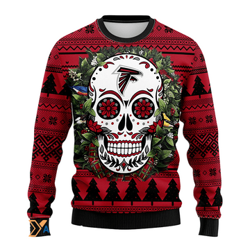 Ugly Christmas Sweater Atlanta-Falcons, Skull Flower Black/Red