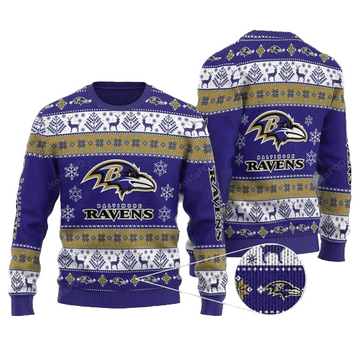 Ugly Christmas Sweater Baltimore-Ravens, Ravens Flock Violet/White/Gold