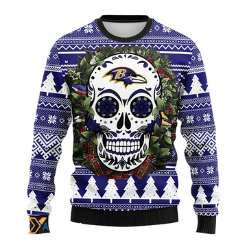 Ugly Christmas Sweater Baltimore-Ravens, Skull Flower Blue/White