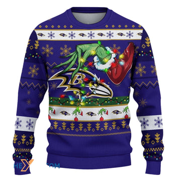 Ugly Christmas Sweater Baltimore-Ravens, Go Baltimore-Ravens Grinch Christmas Snowflakes Navy