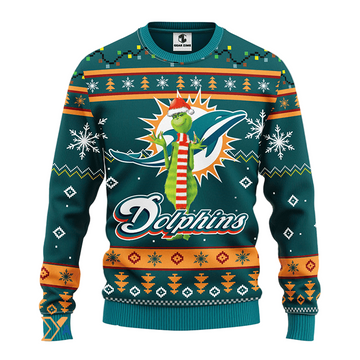 Ugly Christmas Sweater Miamidolphins, Grinch Green/Orange