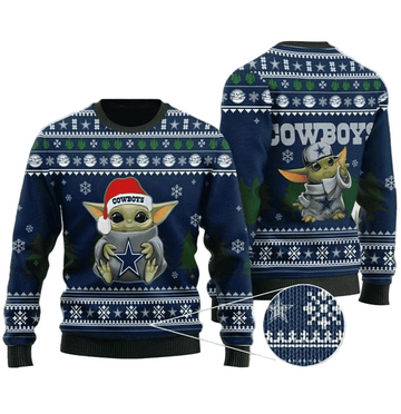 Ugly Christmas Sweater Dallas-Cowboys, Baby Yoda Green/Blue/White