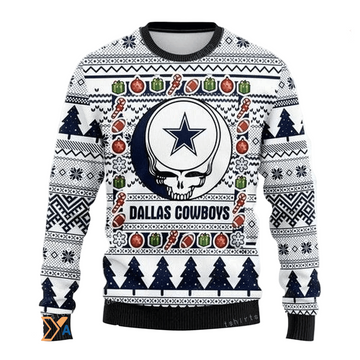 Ugly Christmas Sweater Dallas-Cowboys, Skull White/Blue
