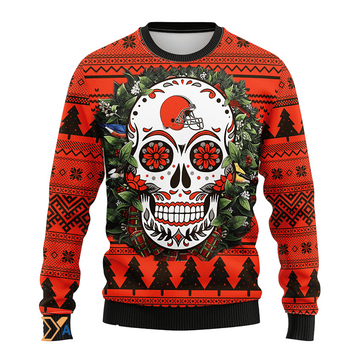 Ugly Christmas Sweater Cleveland-Browns, Skull Flower Brown/Orange