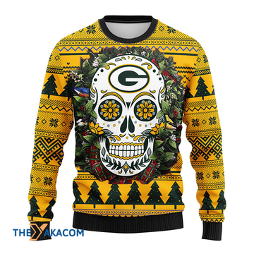 Ugly Christmas Sweater Green-Bay-Packers, Skull Flower Green/Yellow