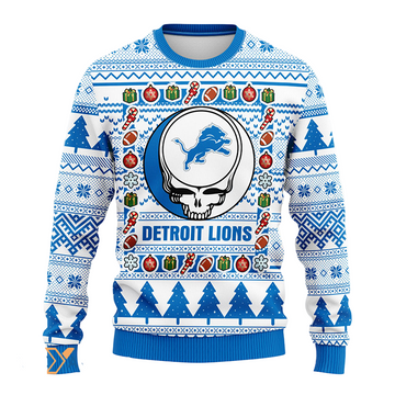Ugly Christmas Sweater Detroit-Lions, Skull Blue/White