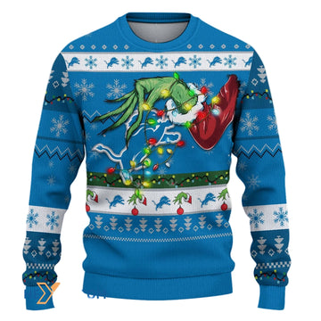 Ugly Christmas Sweater Detroit-Lions, Go Detroit-Lions Grinch Christmas Snowflakes Navy