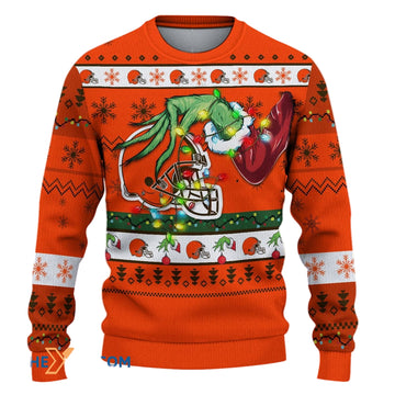 Ugly Christmas Sweater Cleveland-Browns, Go Cleveland-Browns Grinch Christmas Snowflakes Orange