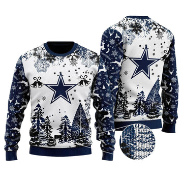 Ugly Christmas Sweater Dallas-Cowboys, America's Team Grinch Christmas Snowflakes Pine Tree White Navy