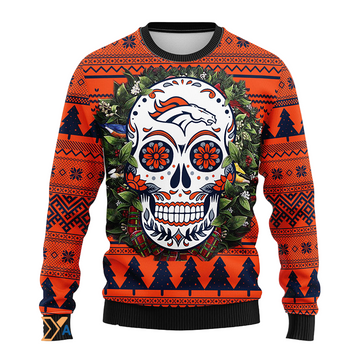 Ugly Christmas Sweater Denver-Broncos, Skull Flower Blue/Orange