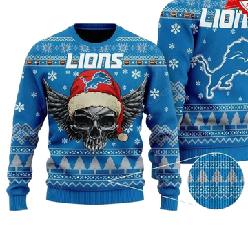 Ugly Christmas Sweater Detroit-Lions, Skull Blue/Grey