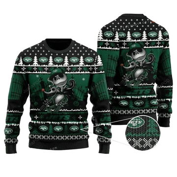 Ugly Christmas Sweater New-York-Jets, Skellington Green/White