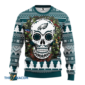 Ugly Christmas Sweater Philadelphia-Eagles, Skull Flower Green/White