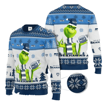 Ugly Christmas Sweater Seattle-Seahawks, The Grinch Blue/White