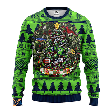 Ugly Christmas Sweater Seattle-Seahawks, Tree Ball Christmas Blue/Green