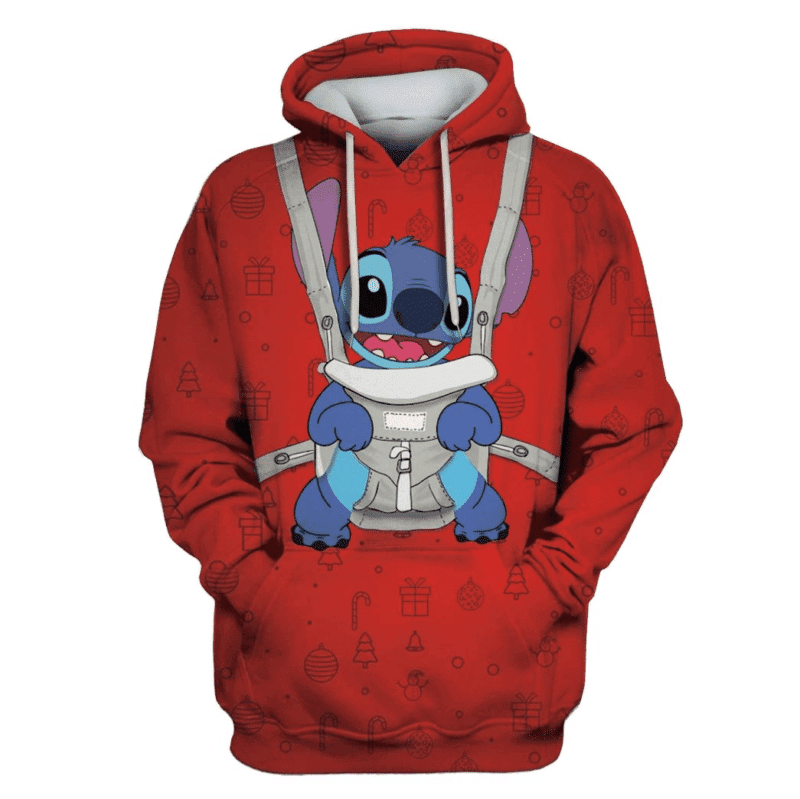 Disney Stitch Hoodie Stitch In Baby Carrier Christmas Pattern Red 3d Hoodie Zip Hoodie