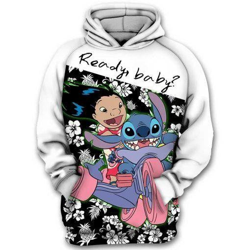 Disney Stitch Hoodie Ready Baby Lilo And Stitch Riding White 3d Hoodie Zip Hoodie