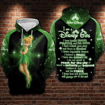 Tinker Bell I Am Disney Girl Green Over Print 3d Hoodie Zip Hoodie