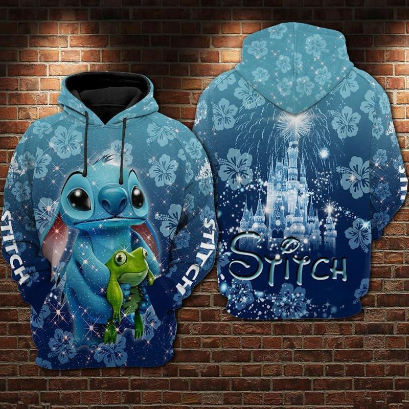 Stitch &amp; Frog Disney Castle Over Print 3d Hoodie Zip Hoodie