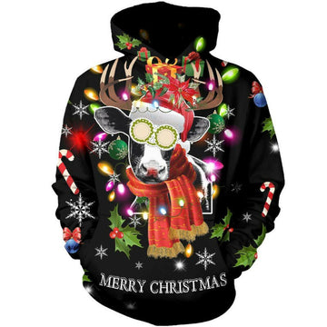 Funny Cow With Pair Of Horns Merry Christmas 3d Hoodie