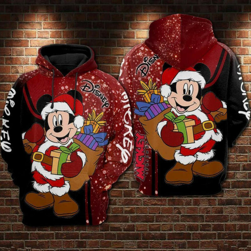 Santa Mickey Mouse Christmas Snow Black Red 3d Hoodie Zip Hoodie