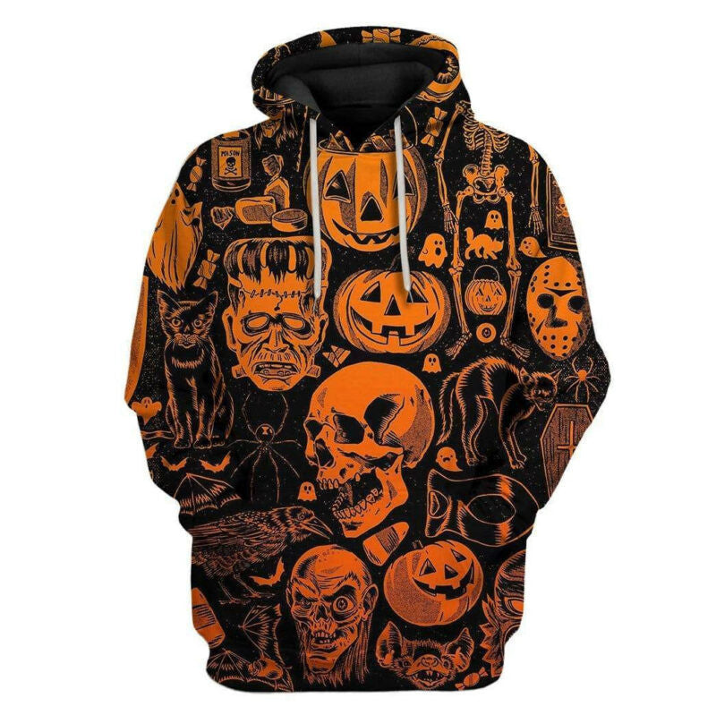 Halloween Common Monsters Pattern Black Orange 3d Hoodie Zip Hoodie