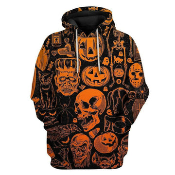 Halloween Common Monsters Pattern Black Orange 3d Hoodie Zip Hoodie