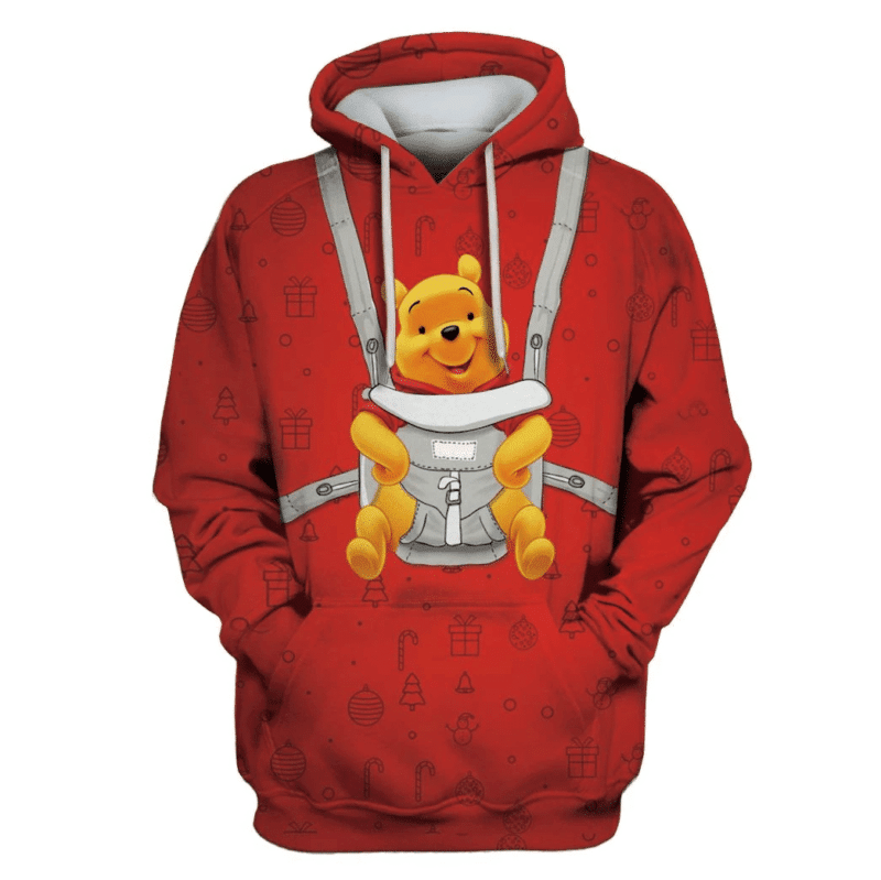Disney Winnie The Pooh Hoodie Pooh In Baby Carrier Christmas Pattern Red 3d Hoodie Zip Hoodie