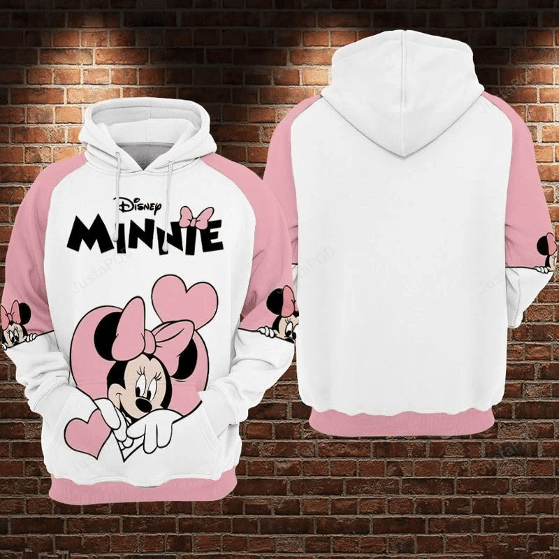 Minnie Mouse Disney White And Pink Heart 3d12 All Over Print Hoodie, Zip-up Hoodie