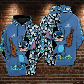 Stitch With Guitar Movies Disney Over Print 3d Hoodie Zip Hoodie