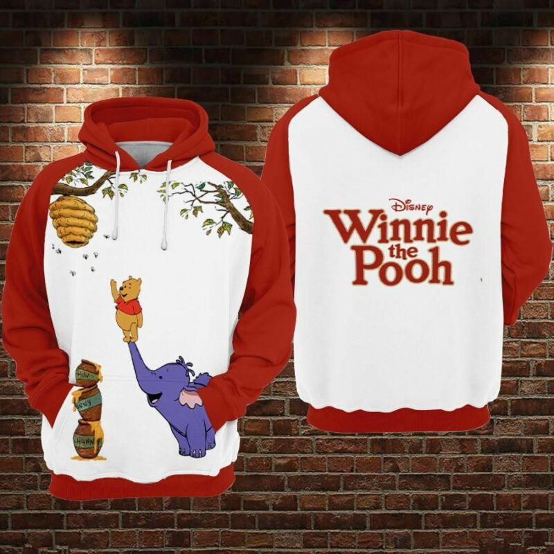 Pooh And Elephant Cartoon Winnie The Pooh Movies Disney Over Print 3d Hoodie Zip Hoodie