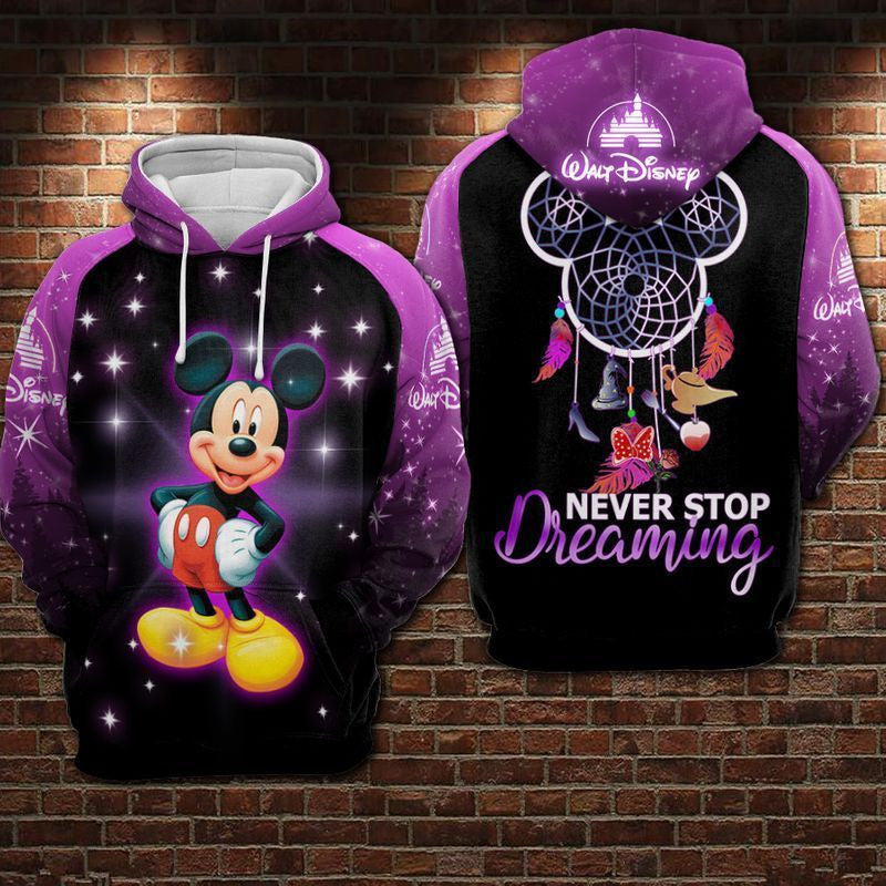 Mickey Disney Hoodie Sweater Shirt Never Stop Dreaming Over Print 3d Hoodie Zip Hoodie