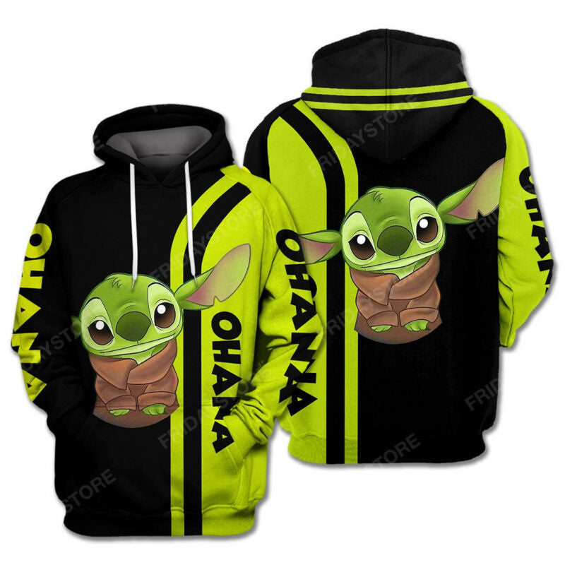 Disney Crossover Sw Stitch And Baby Yoda Green Black Hoodie Zip Hoodie